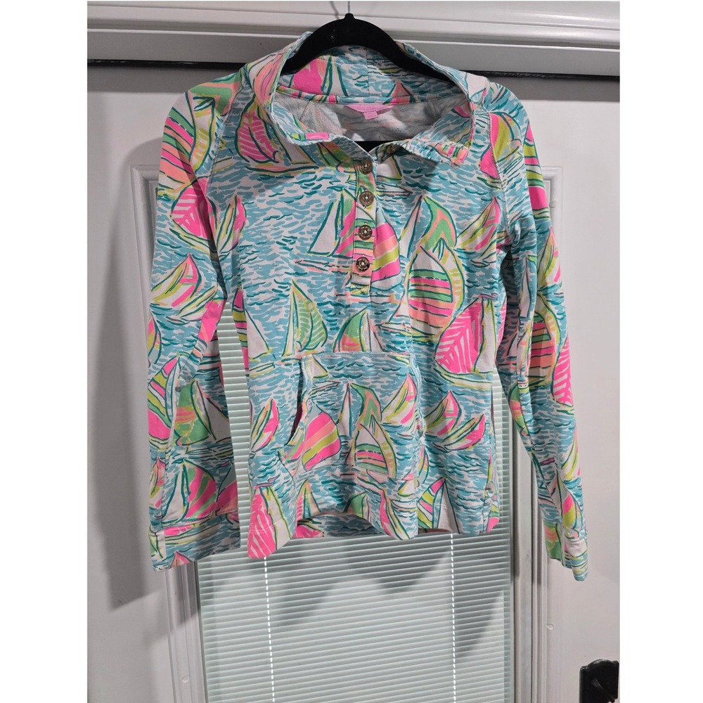 Lilly Pulitzer Skipper Popover Sweatshirt Sink or Swim Sailboat Print Medium